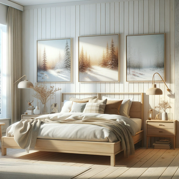 A Scandinavian-style bedroom, designed with a minimalist and modern approach. The room features a calming and cozy atmosphere.