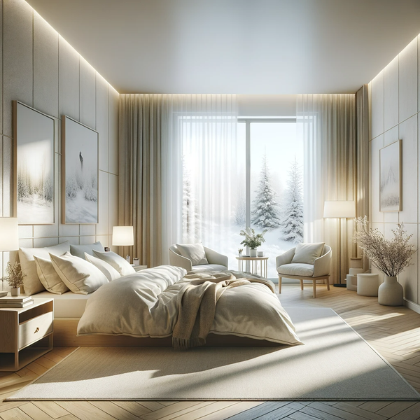 A Scandinavian-style bedroom, designed with a minimalist and modern approach. The room features a calming and cozy atmosphere.