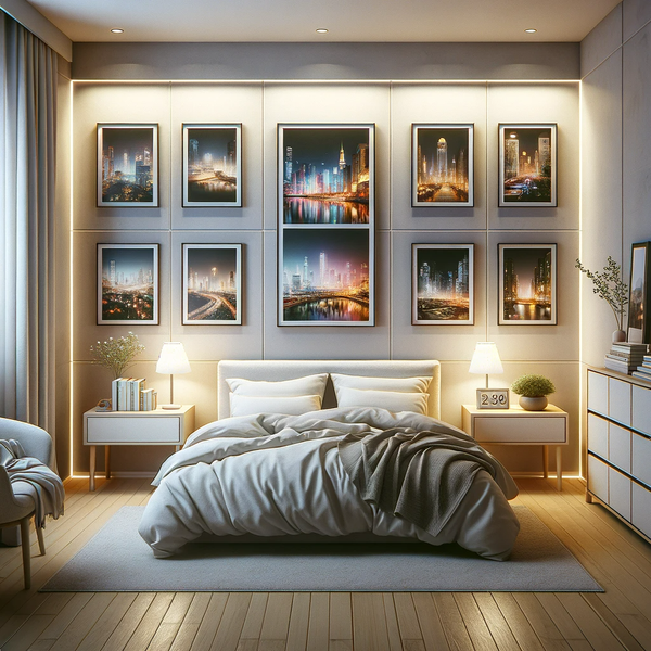 A basic bedroom, subtly redesigned to feature paintings of night cityscapes. The room maintains its simple and functional design, with essential furni