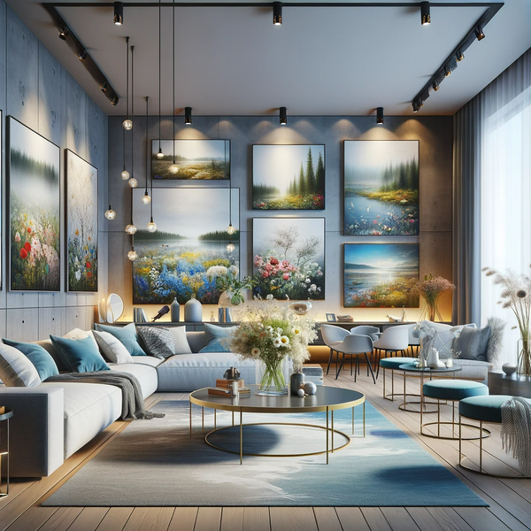 A modern living room with a focus on Finnish nature and floral art. The room is spacious and features contemporary design elements. It is brightly lit