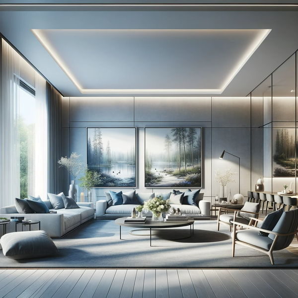 A modern living room, elegantly designed with a minimalistic approach and fewer paintings. The room is spacious and illuminated by a combination of na